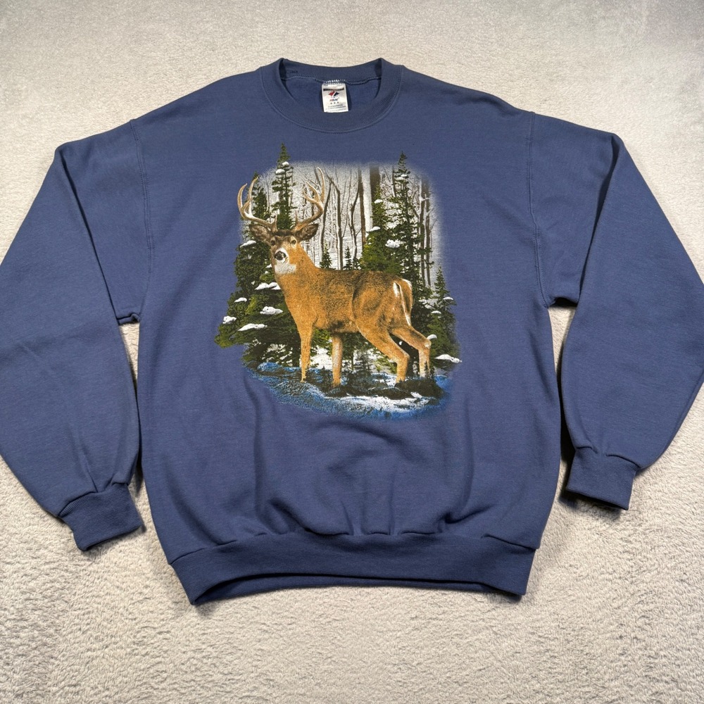 Jerzees Sweatshirt Mens Medium Blue Deer Graphic Vintage Y2K NuBlend Crewneck